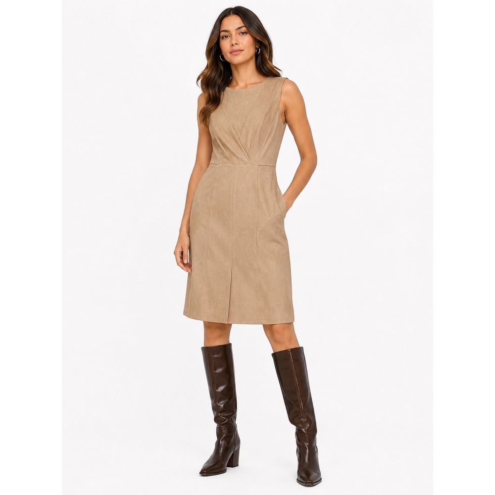 Stella & Julie Faux Suede Sheath Dress Womens‎ 8 Tan Sleeveless Pleated Workwear